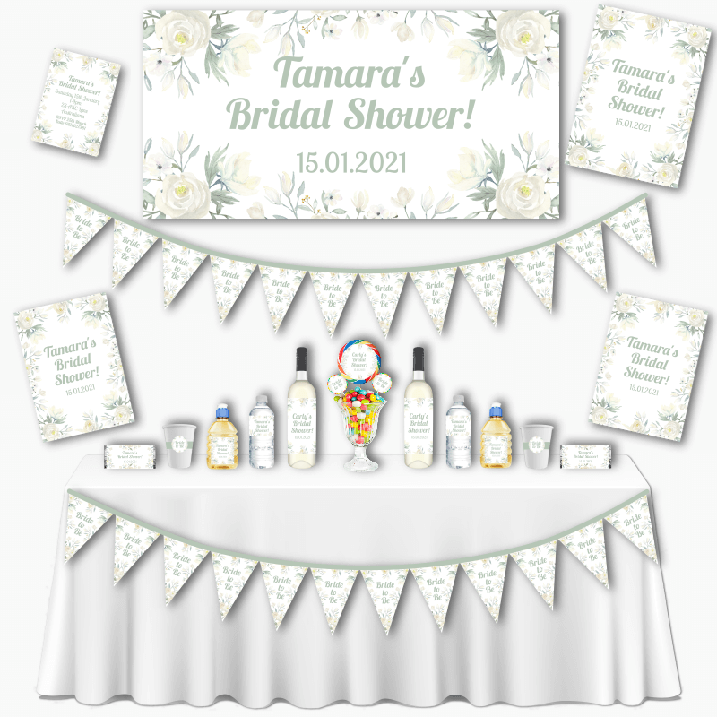 Personalised White Floral Bridal Shower Decorations