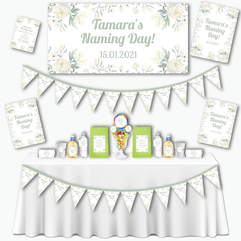 Personalised White Floral Naming Day Decorations