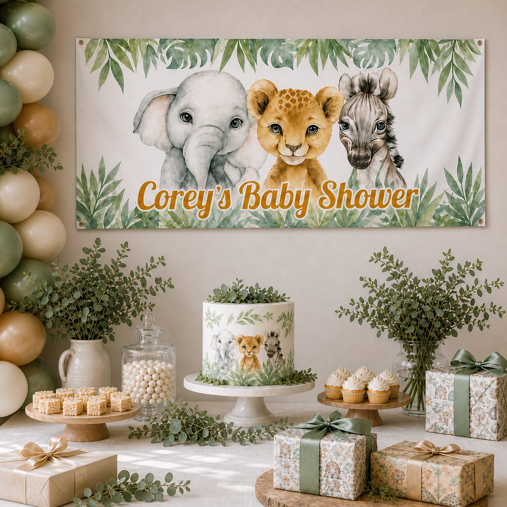 African animals baby shower dessert table with Corey's personalised banner, cake, balloons and matching gifts.