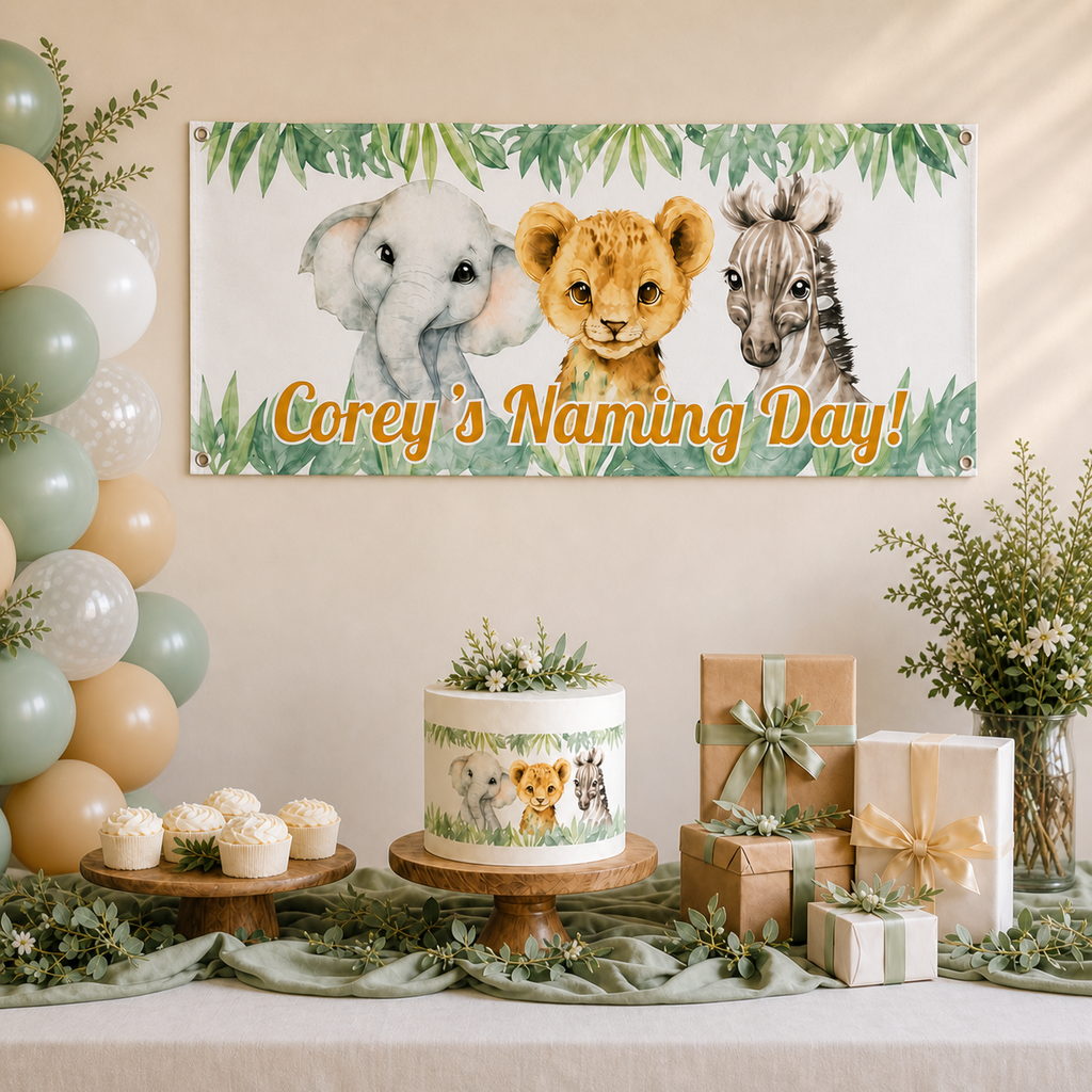 African animals naming day dessert table with Corey’s personalised elephant, lion cub and zebra banner, cake, balloons and matching decorations.
