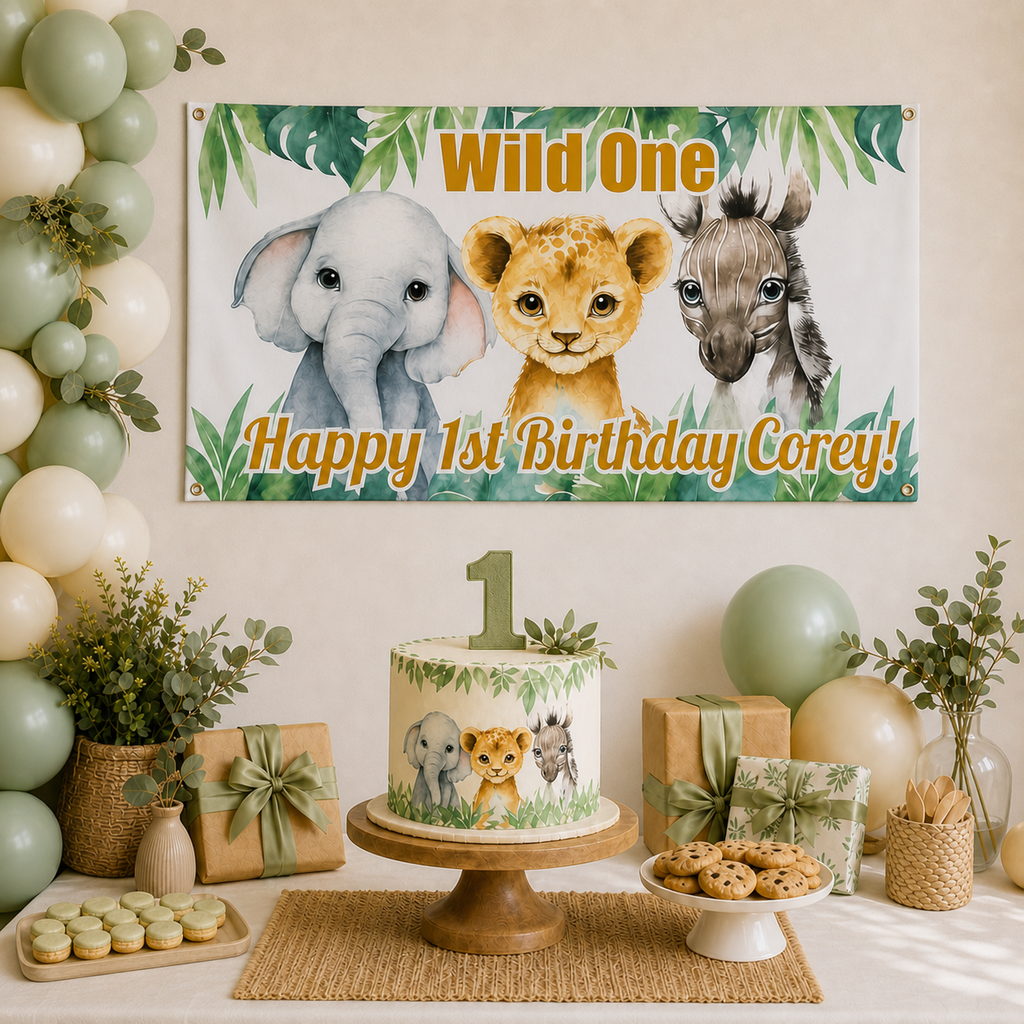African animals Wild One first birthday dessert table with Corey's personalised banner, cake, balloons and matching gifts.