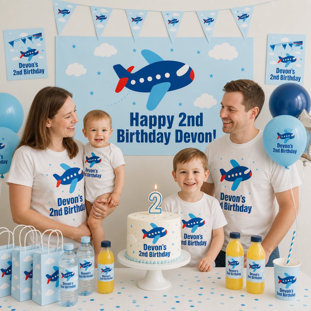 Custom airplane birthday party setup with a personalised sky-blue banner and coordinated decorations