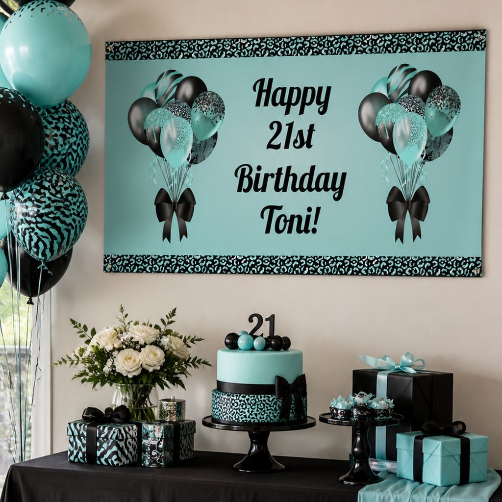 Aqua and black milestone birthday setup with a personalised balloons banner and matching cake