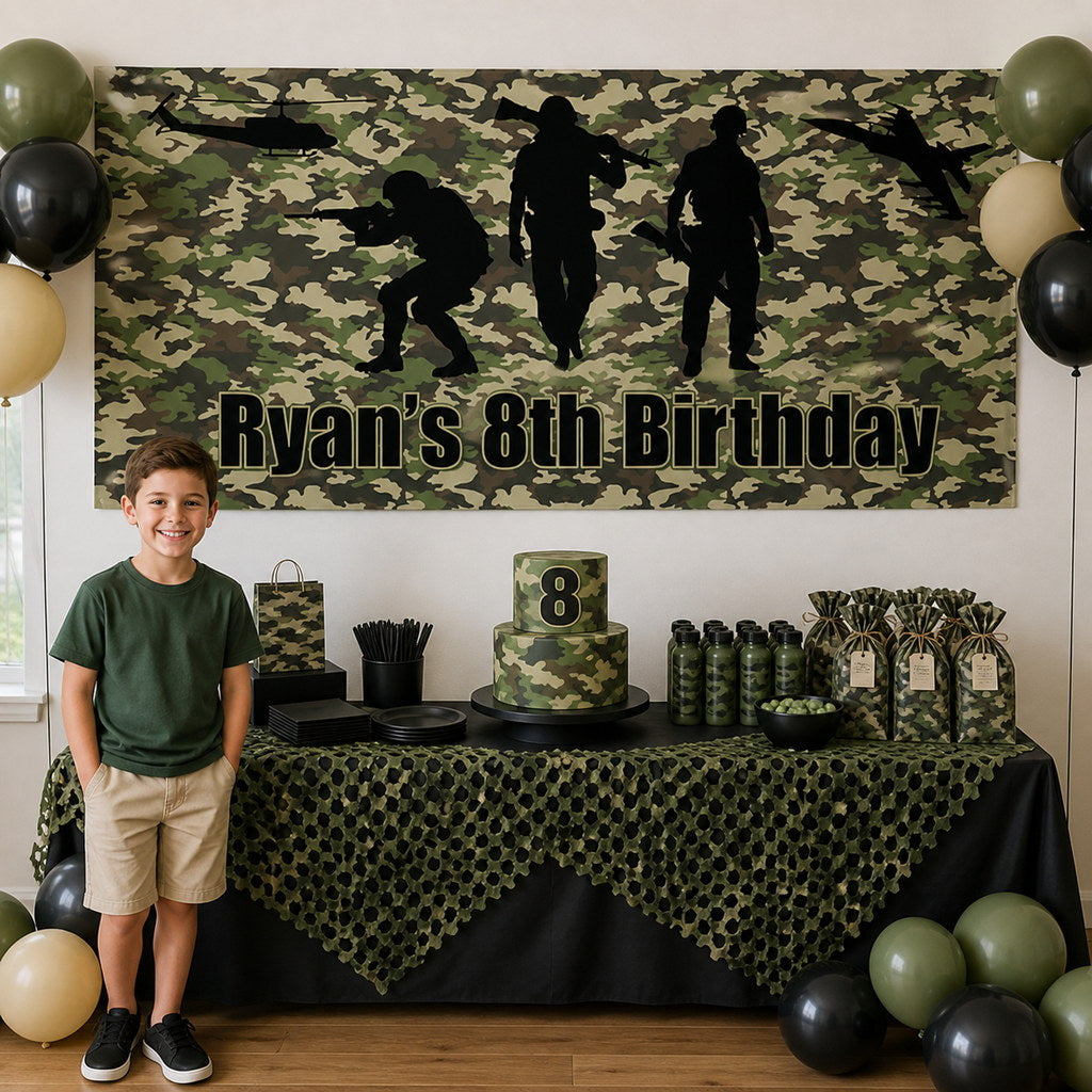 Personalised army birthday decorations with Ryan's camouflage 8th birthday banner and matching cake