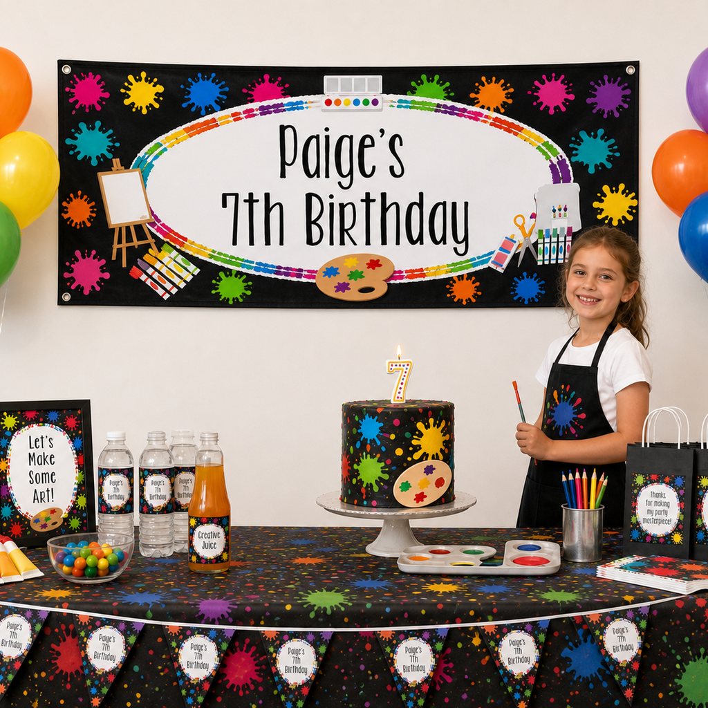 Custom art birthday party setup with a personalised paint-splatter banner and colourful decorations