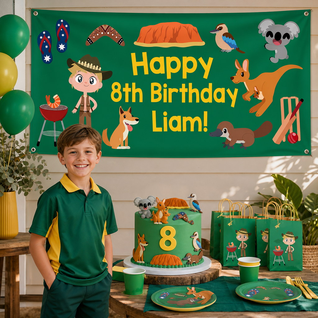 Personalised Aussie Characters 8th birthday decorations with Liam's Australian banner and matching cake