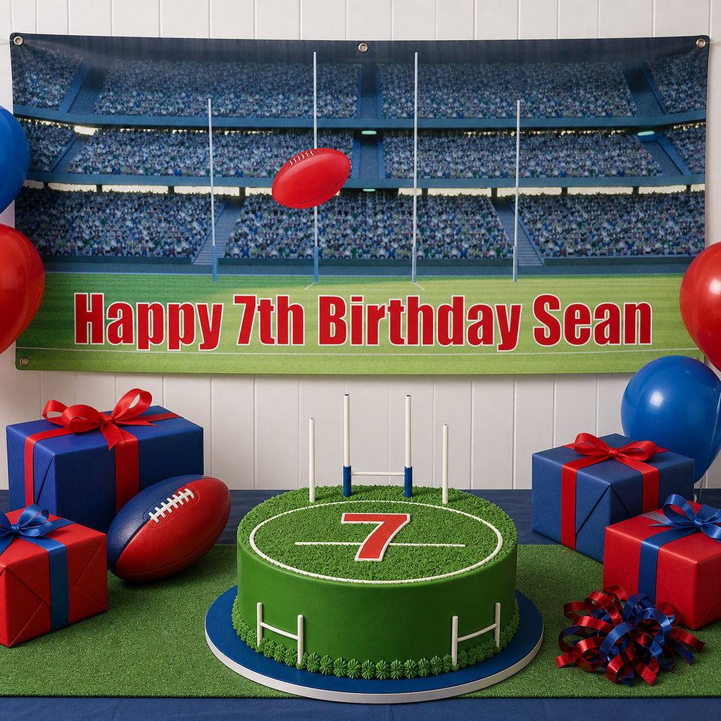 Personalised Aussie Rules football birthday decorations with Sean's 7th birthday banner and matching cake