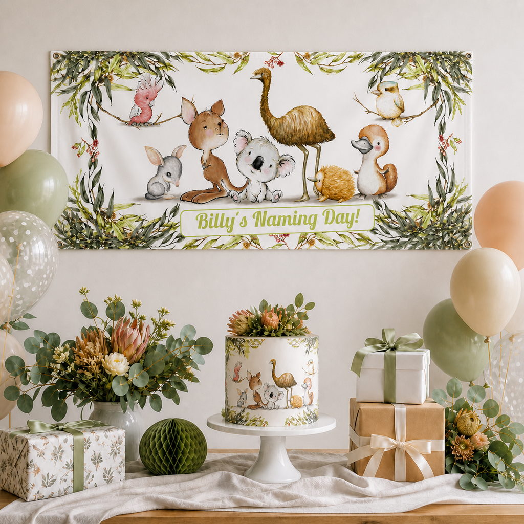 Australian animals naming day dessert table with Billy’s personalised wildlife banner, cake, balloons and native floral decorations.
