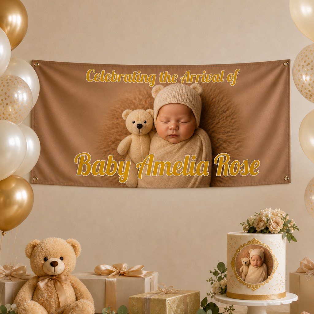 Personalised baby welcome setup with Amelia Rose's custom photo banner, teddy bear and matching cake
