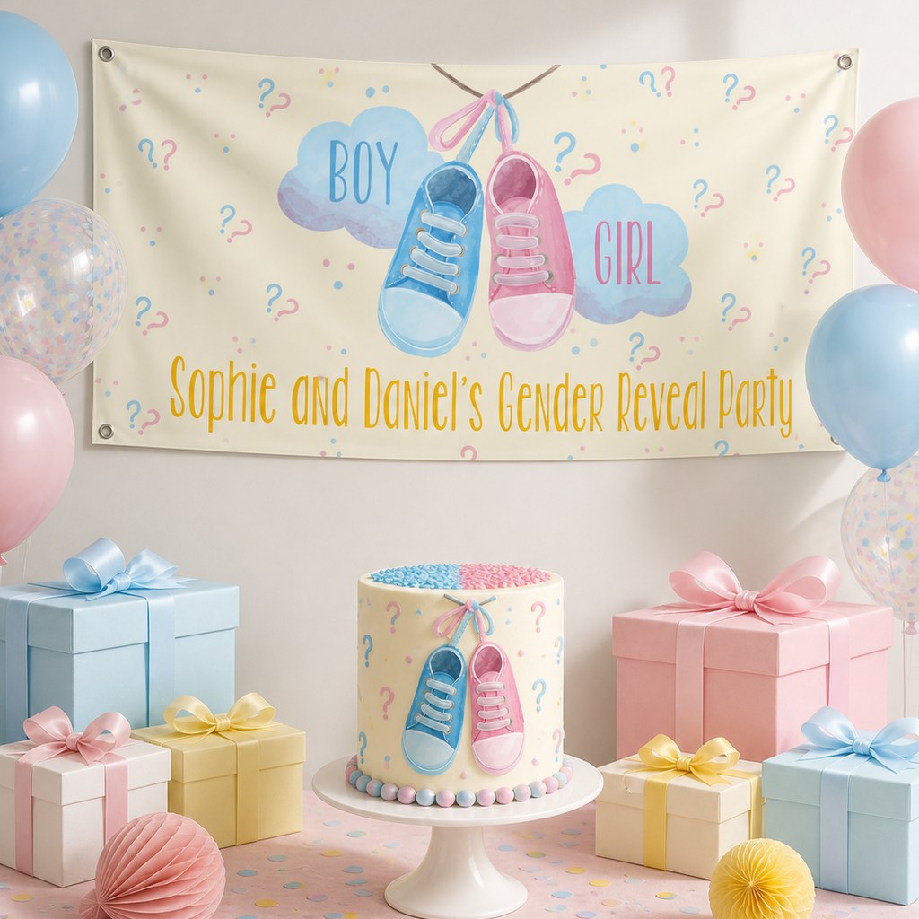 Baby booties gender reveal setup with Sophie and Daniel's personalised blue and pink banner and matching cake