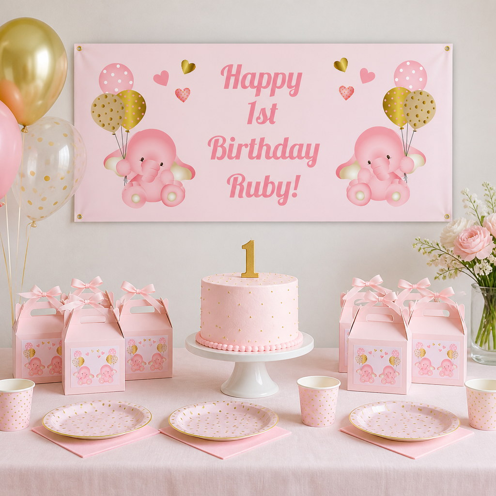 Personalised Baby Elephant first birthday decorations with Ruby's pink banner and matching cake