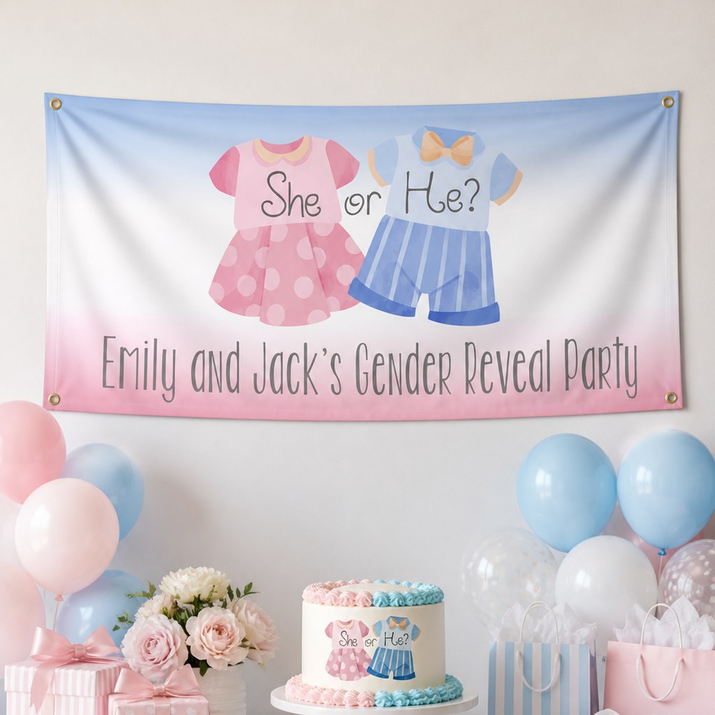 Baby outfits gender reveal setup with Emily and Jack's personalised pink and blue banner and matching cake
