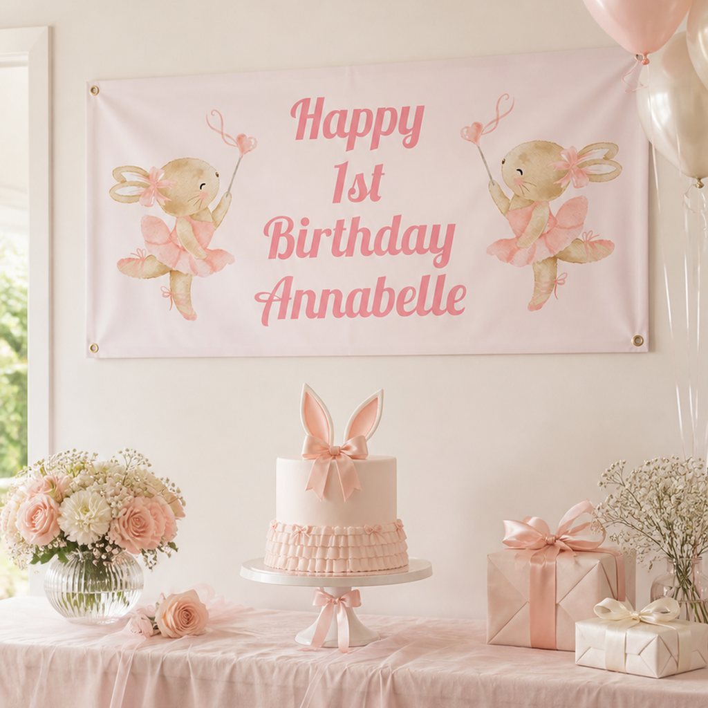 Ballet Bunny first birthday party setup with a personalised pink bunny banner and matching cake