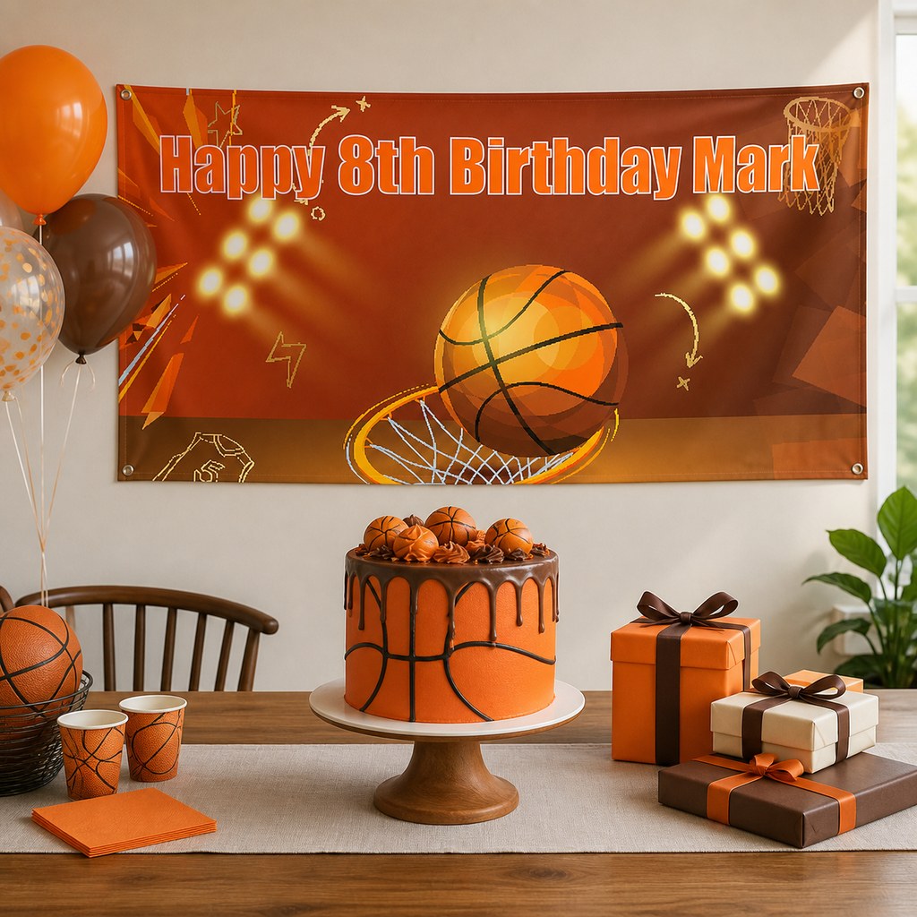 Basketball birthday party decorations with a personalised Happy 8th Birthday Mark banner and matching cake