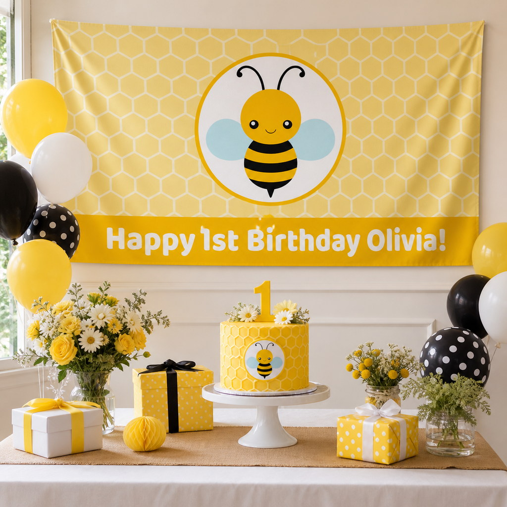 Personalised bee first birthday decorations with Olivia's honeycomb banner, matching cake and yellow party styling