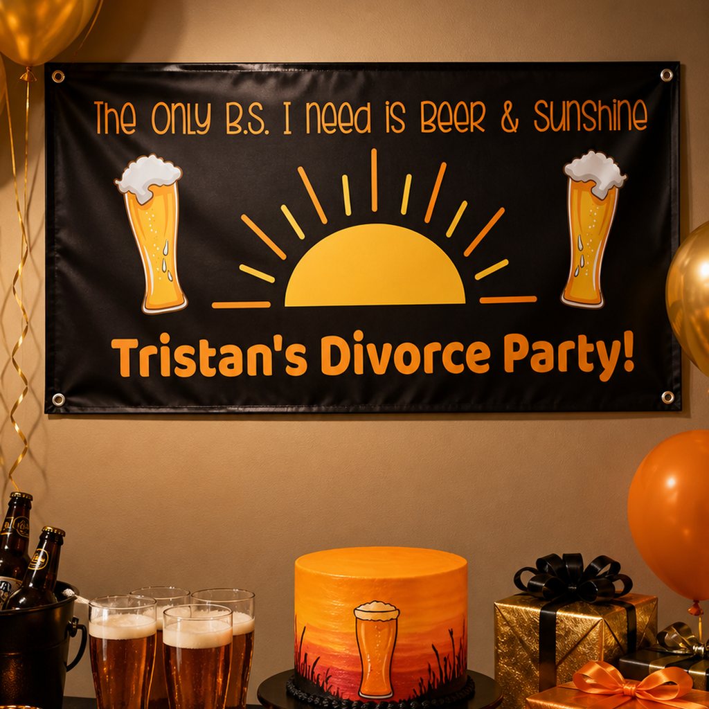 Beer and Sunshine divorce party setup with a personalised black and orange banner and matching cake