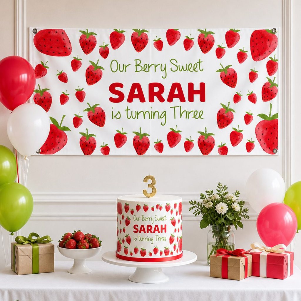 Personalised Berry Sweet third birthday decorations with Sarah's strawberry banner and matching cake