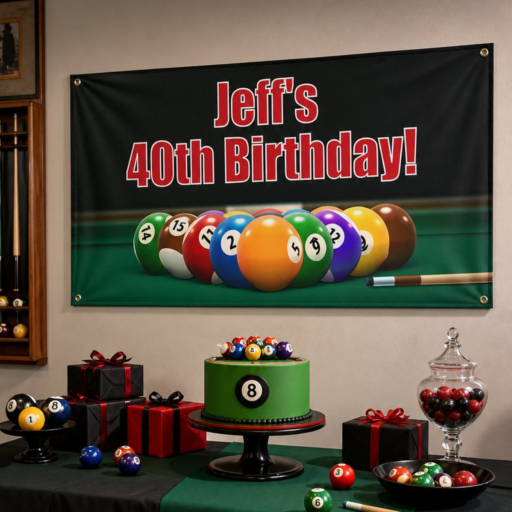 Billiards 8 Ball milestone birthday setup with a personalised pool table banner and matching cake