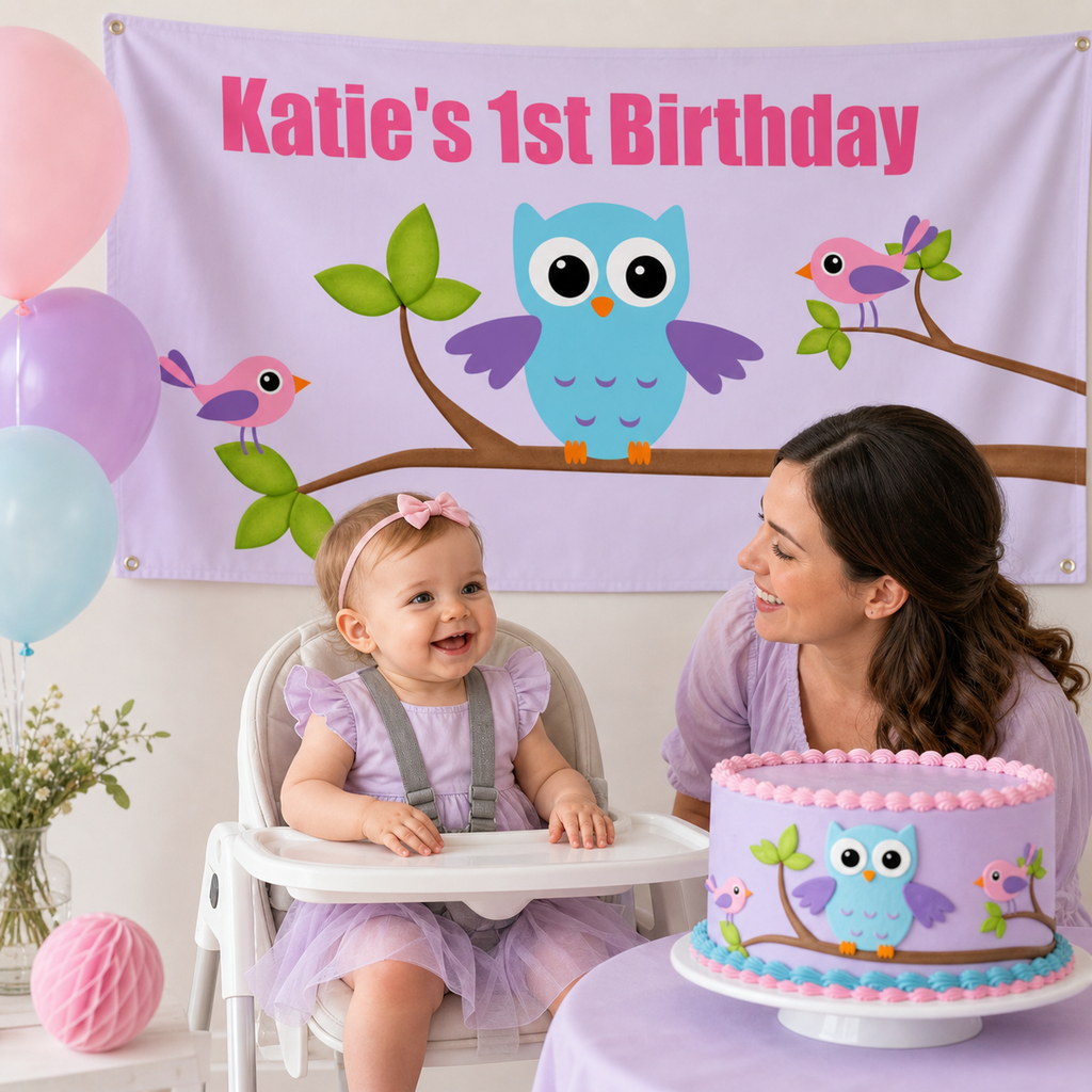 Personalised Birds and Owl first birthday decorations with Katie's pastel banner and matching cake