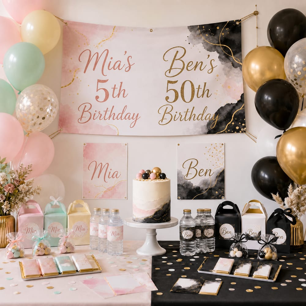 Personalised birthday decorations by age featuring Mia’s 5th birthday and Ben’s 50th birthday banners, labels and party favours.