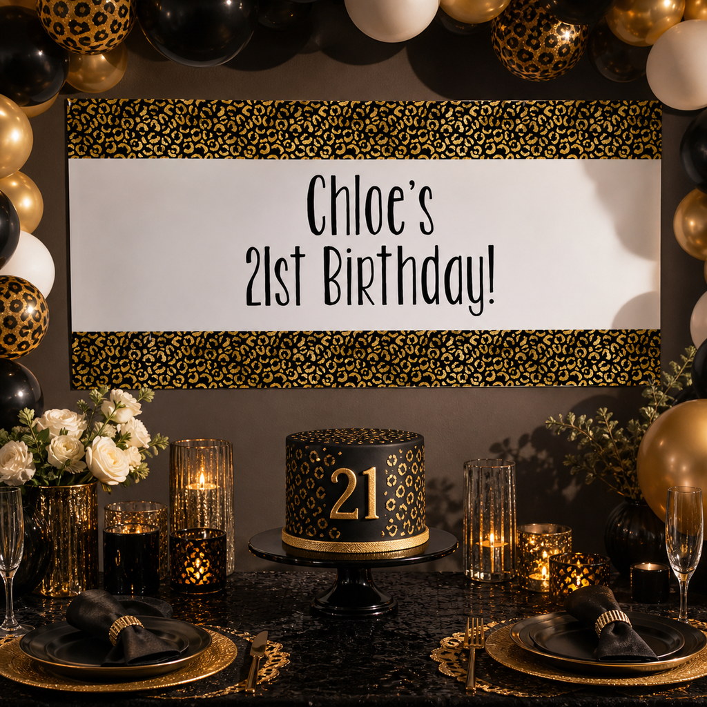 Personalised black and gold animal print 21st birthday decorations with Chloe's banner and matching cake