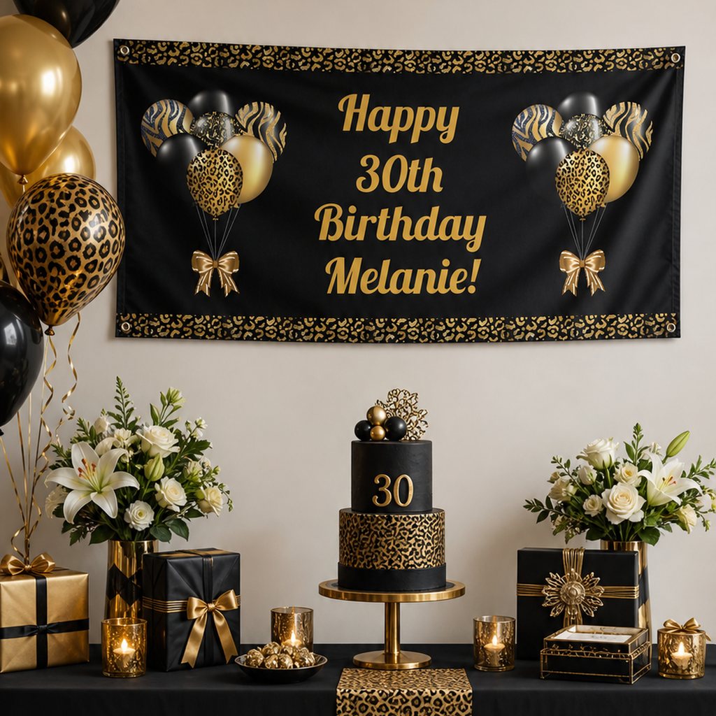 Black and gold milestone birthday setup with a personalised leopard balloons banner and matching cake