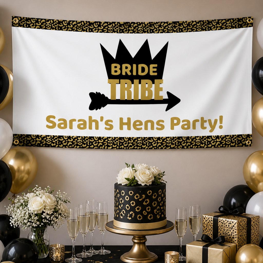 Black and gold Bride Tribe hens party setup with Sarah's personalised leopard print banner and matching cake