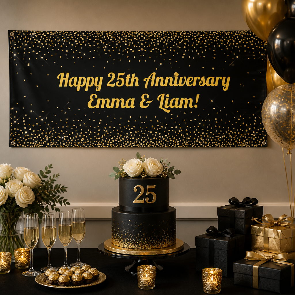 Black and gold 25th wedding anniversary dessert table with Emma and Liam’s personalised banner, cake, balloons and matching decorations.