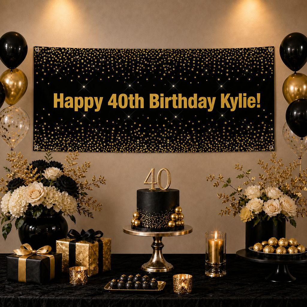 Black and gold 40th birthday dessert table with Kylie’s personalised banner, cake, balloons and matching decorations.