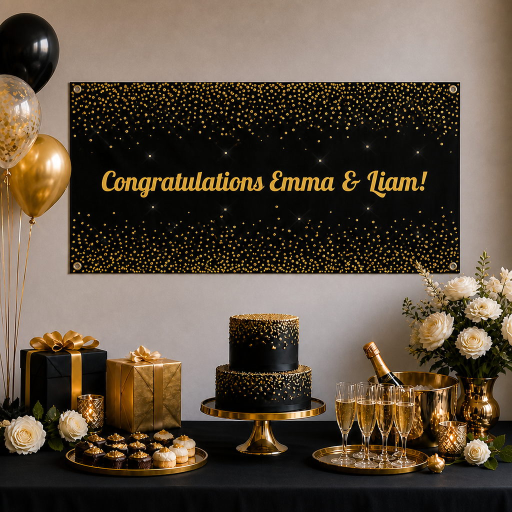 Black and gold engagement party dessert table with Emma and Liam’s personalised banner, cake, balloons and matching decorations.