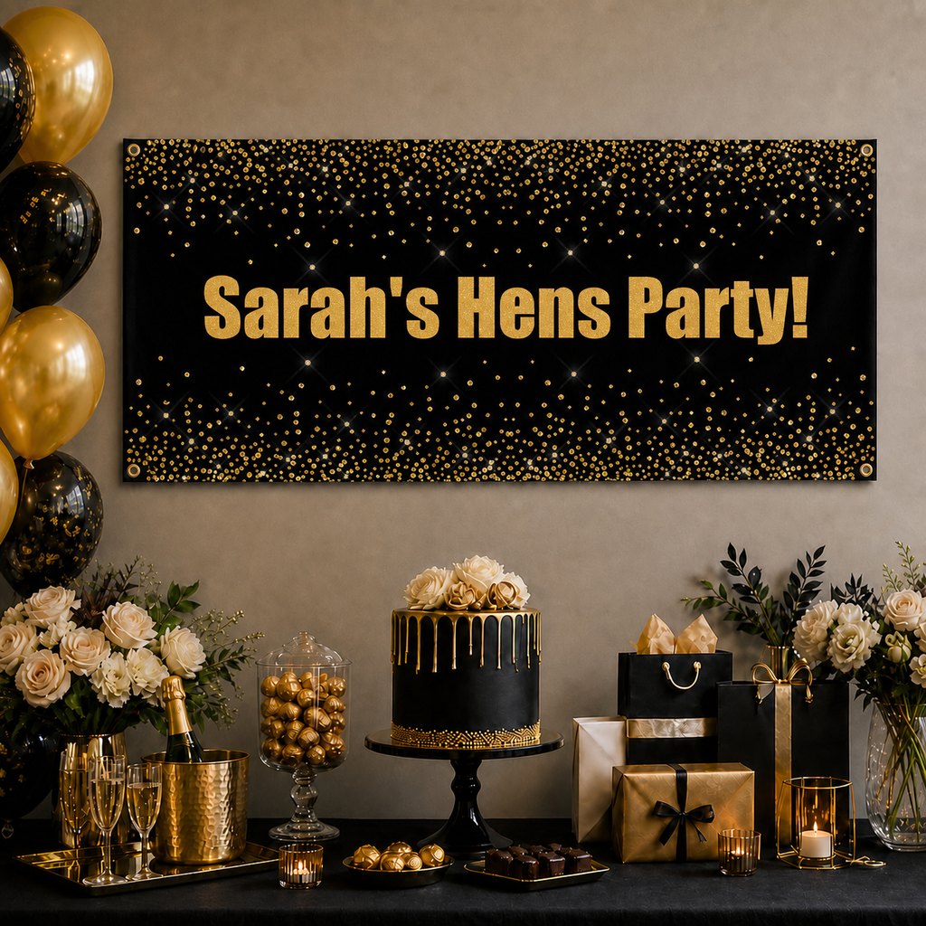 Black and gold hens party setup with Sarah's personalised gold confetti banner and matching cake