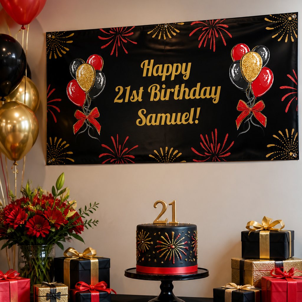 Black gold and red milestone birthday setup with a personalised balloons banner and matching cake