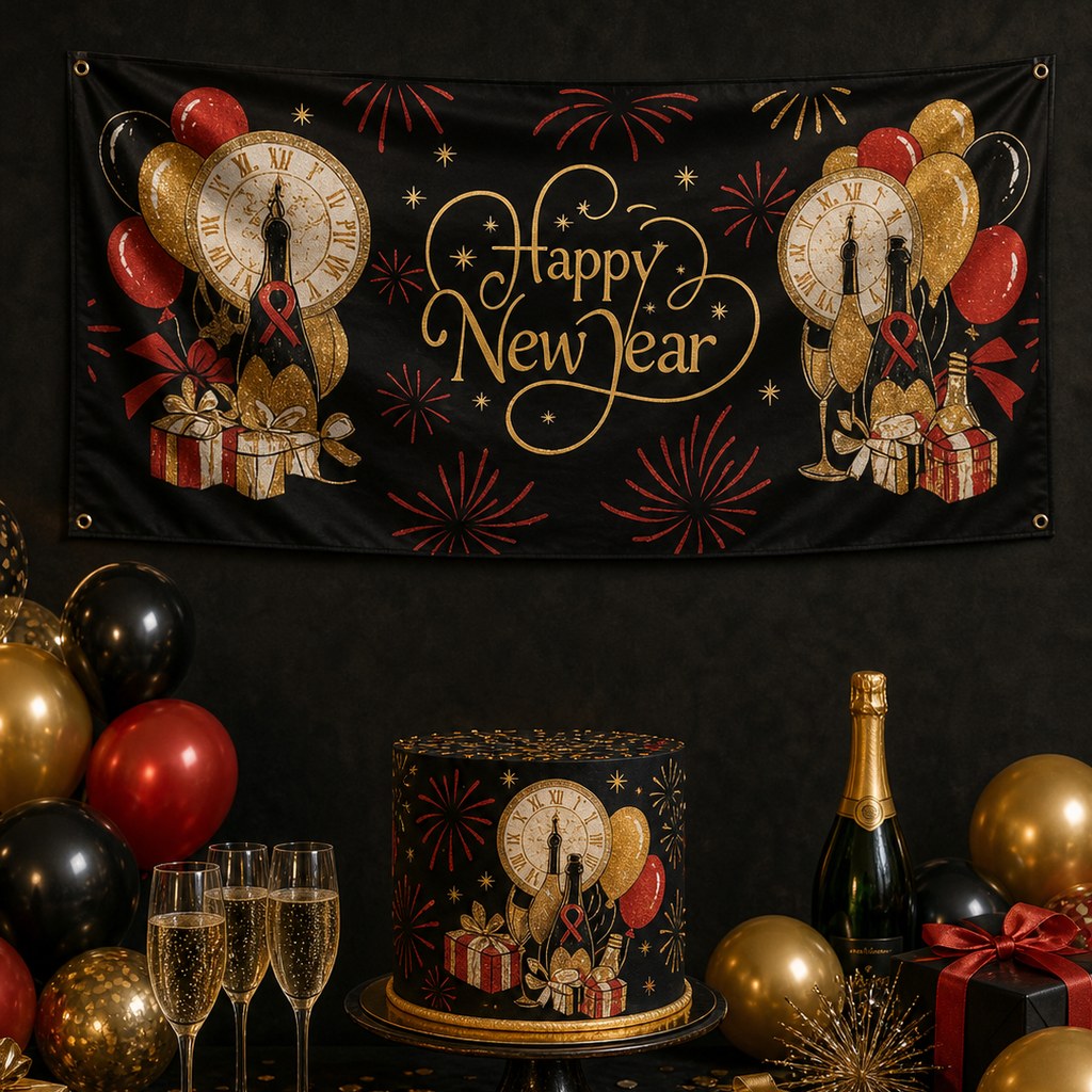 Black, red and gold New Year's Eve setup with a Happy New Year banner, matching cake and champagne