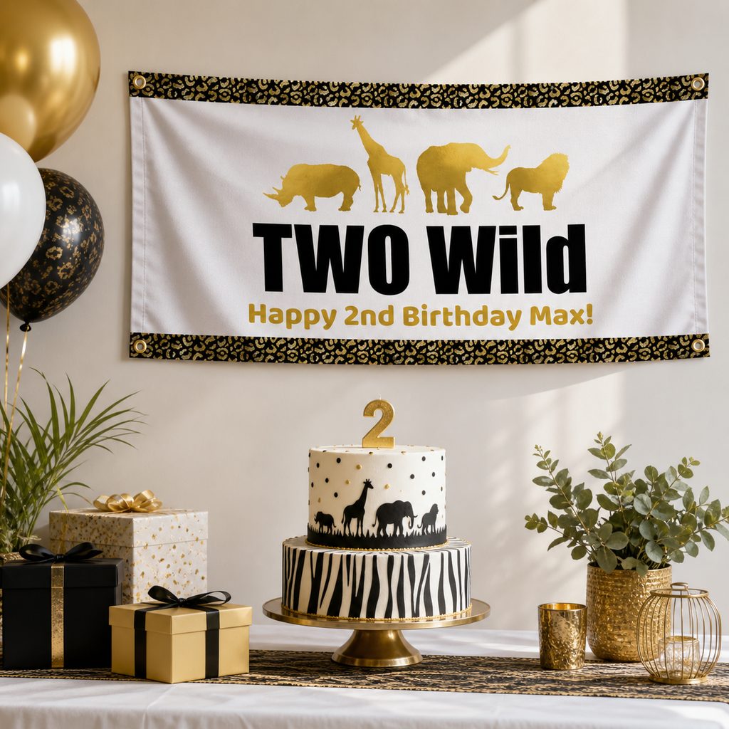 Black and gold Two Wild second birthday setup with Max's personalised safari banner and matching cake