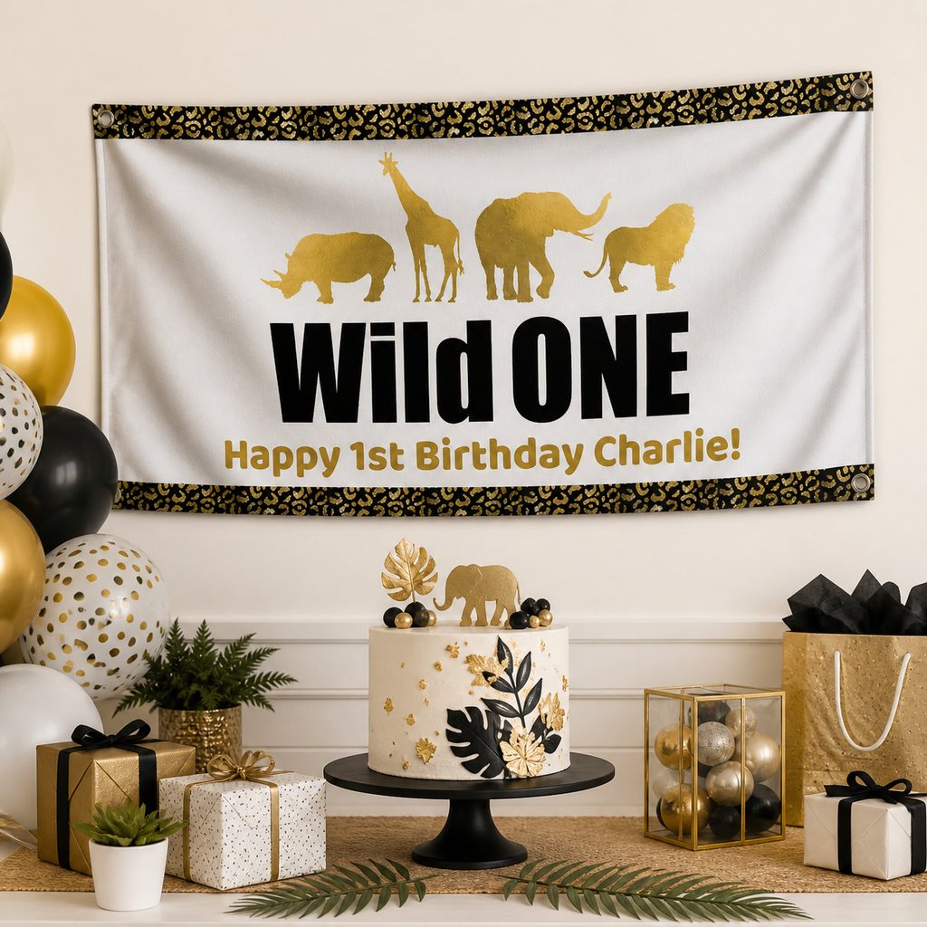 Black and gold Wild One first birthday setup with Charlie's personalised safari banner and matching cake