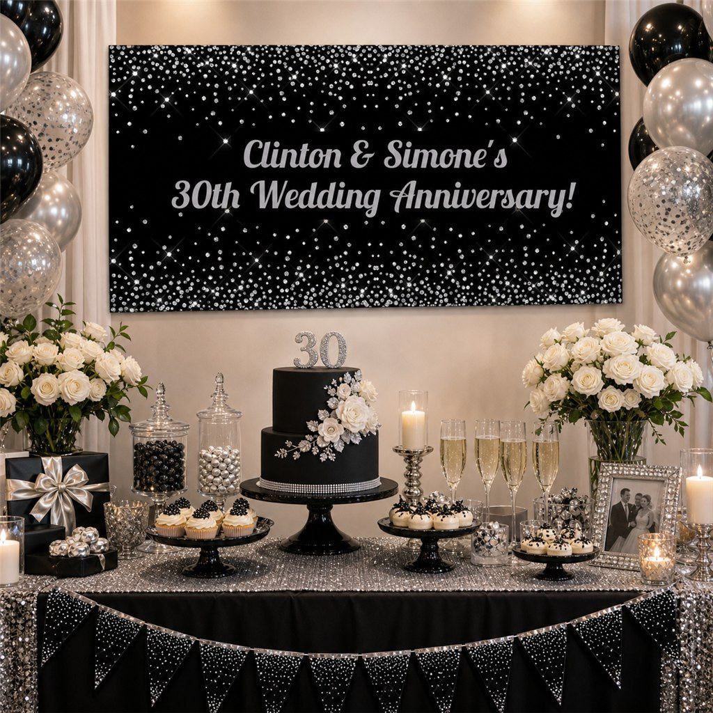 Black and silver 30th wedding anniversary dessert table with Clinton and Simone’s personalised banner, cake, balloons and matching decorations.