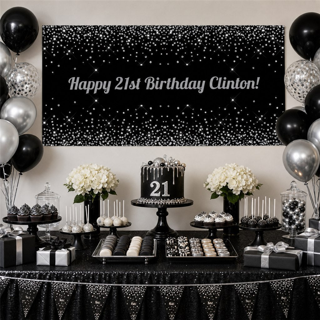 Black and silver 21st birthday dessert table with Clinton’s personalised banner, cake, balloons and matching decorations.