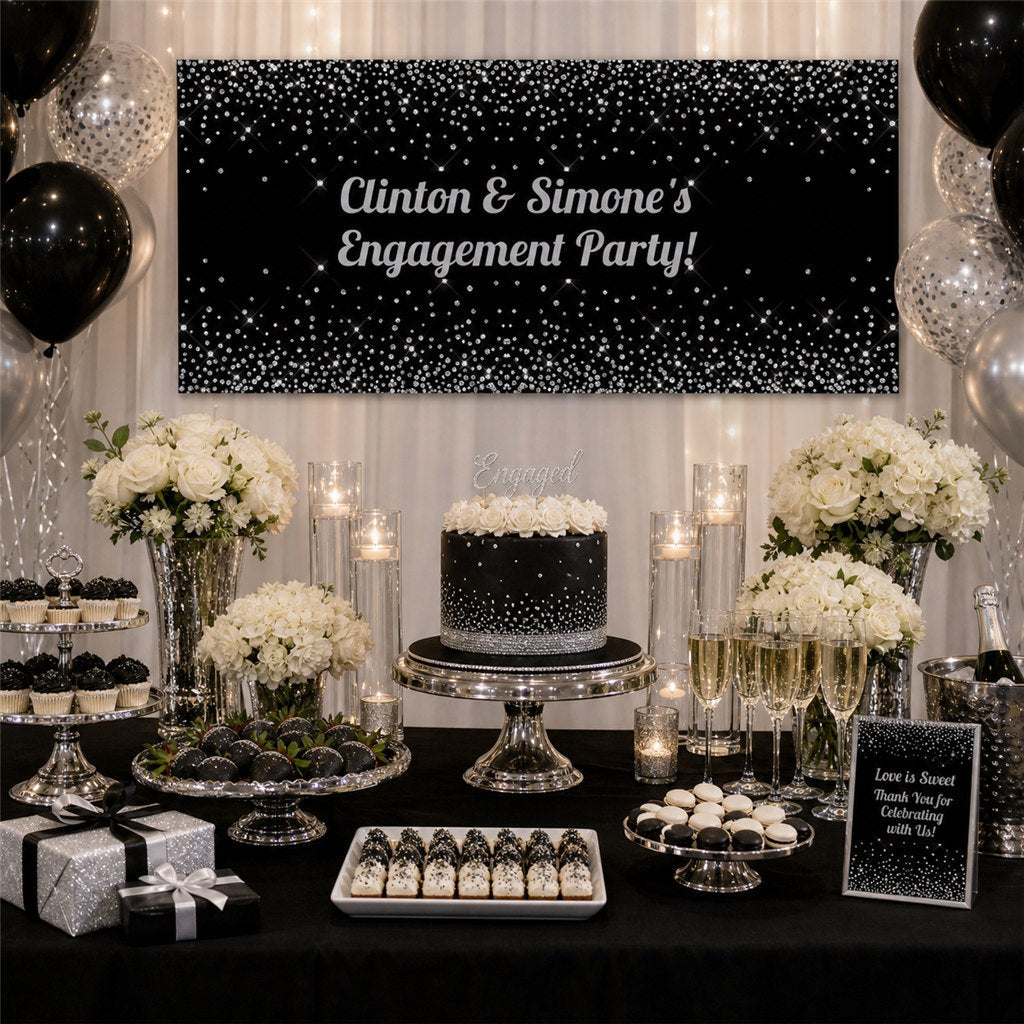 Black and silver confetti engagement party decorations with personalised banner and dessert table