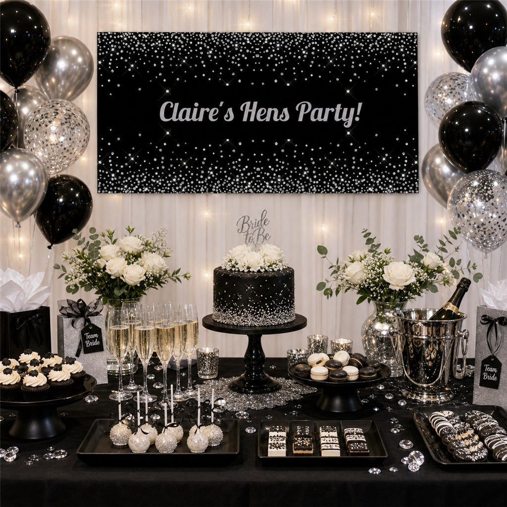 Black and silver hens party dessert table with Claire’s personalised banner, cake, balloons and matching decorations.