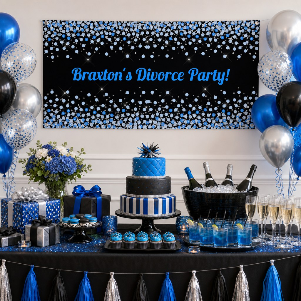 Blue, black and silver divorce party table with Braxton's personalised confetti banner, cake, balloons and drinks.