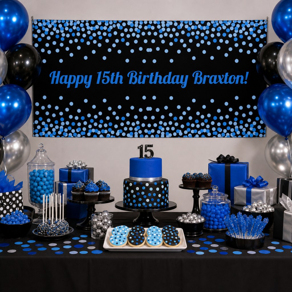 Blue, black and silver 15th birthday table with Braxton's personalised confetti banner, cake, balloons and decorations.