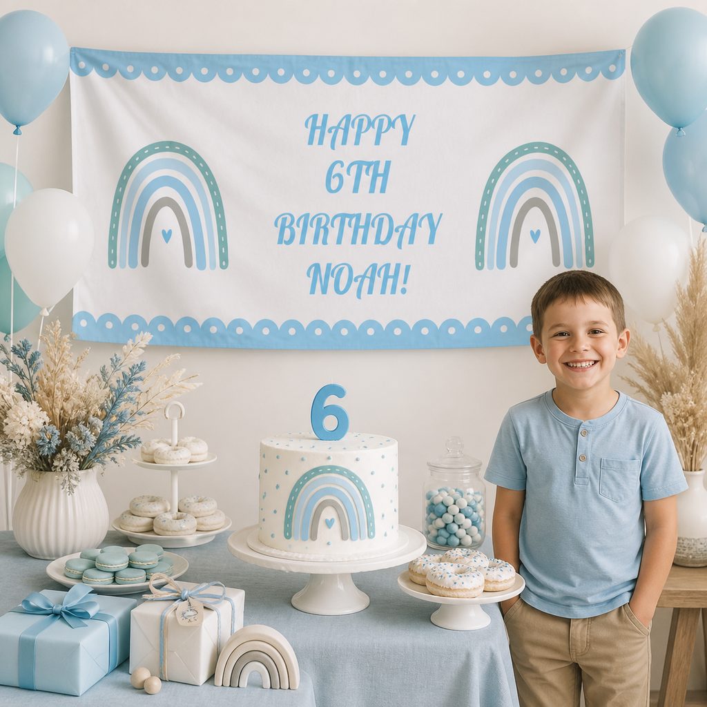 Personalised blue boho rainbow birthday decorations with Noah's 6th banner matching cake and balloons