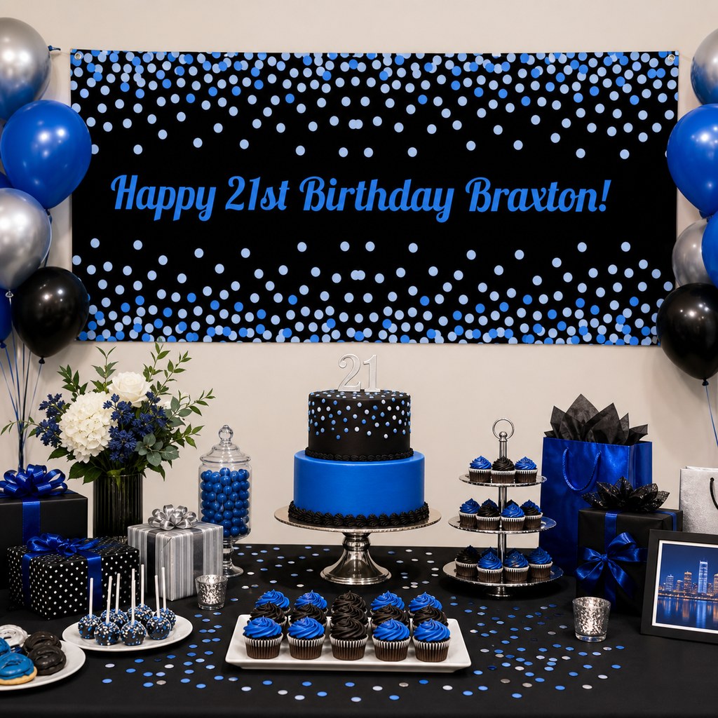 Blue, black and silver 21st birthday table with Braxton's personalised confetti banner, cake, balloons and decorations.