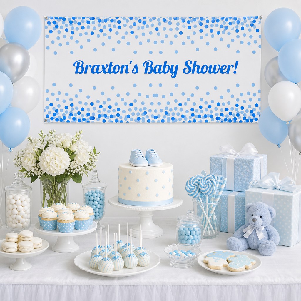 Blue and white baby shower dessert table with Braxton's personalised confetti banner, cake, balloons and gifts.