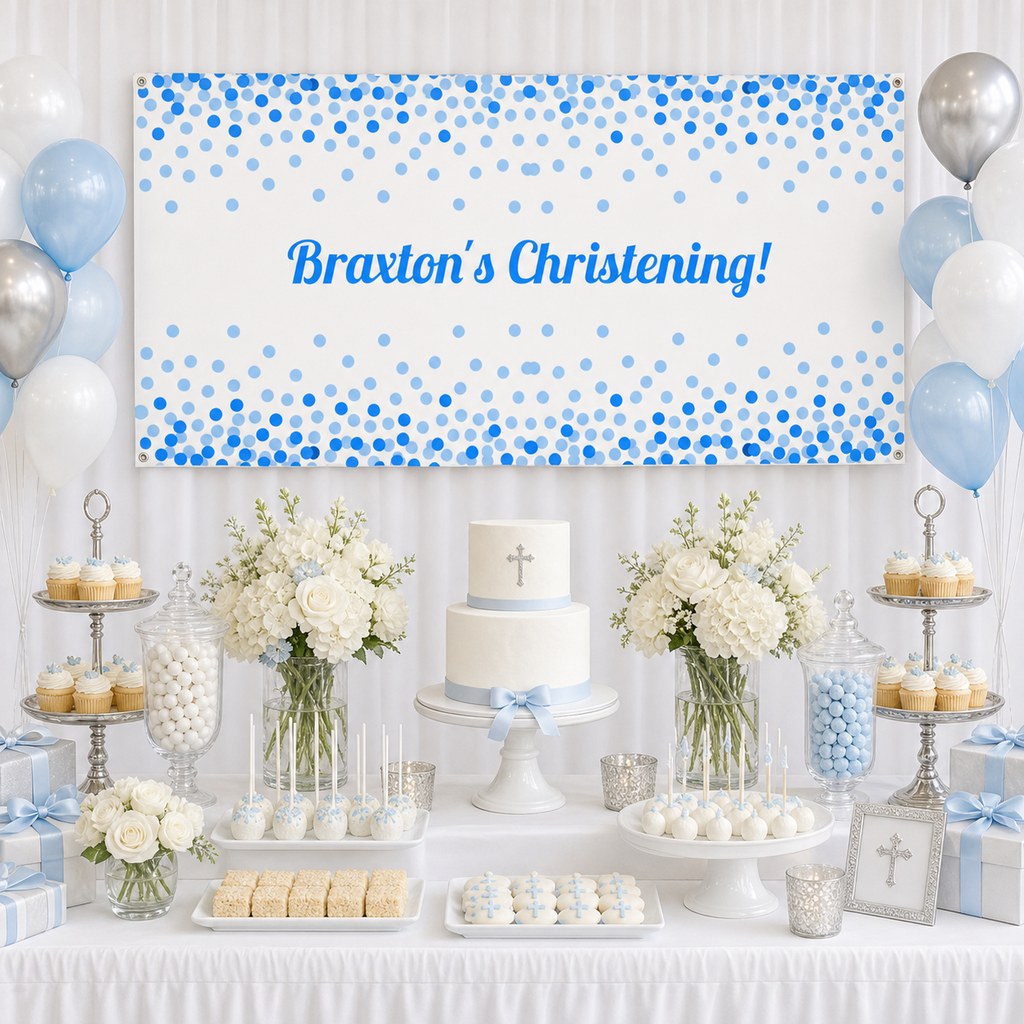 Blue, white and silver christening dessert table with Braxton's personalised confetti banner, cake and flowers.