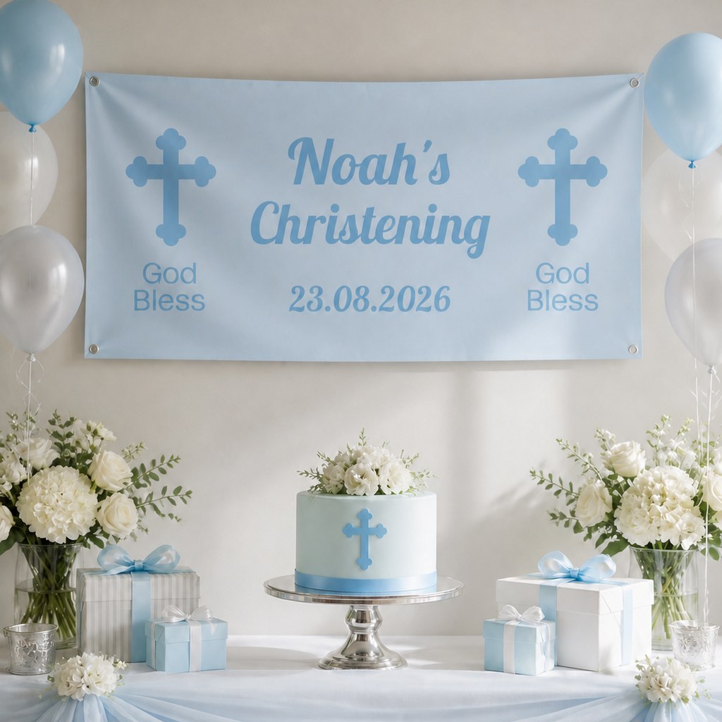Blue cross christening setup with Noah's personalised God Bless banner and matching cake