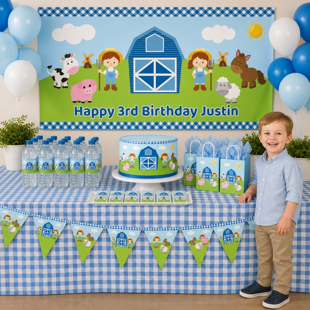 Custom blue barnyard birthday party setup with a personalised farm animals banner and decorations