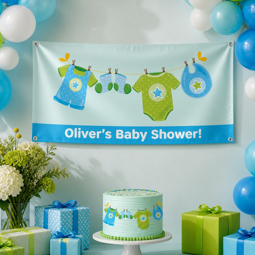 Blue and green onesie baby shower setup with Oliver's personalised clothesline banner and matching cake