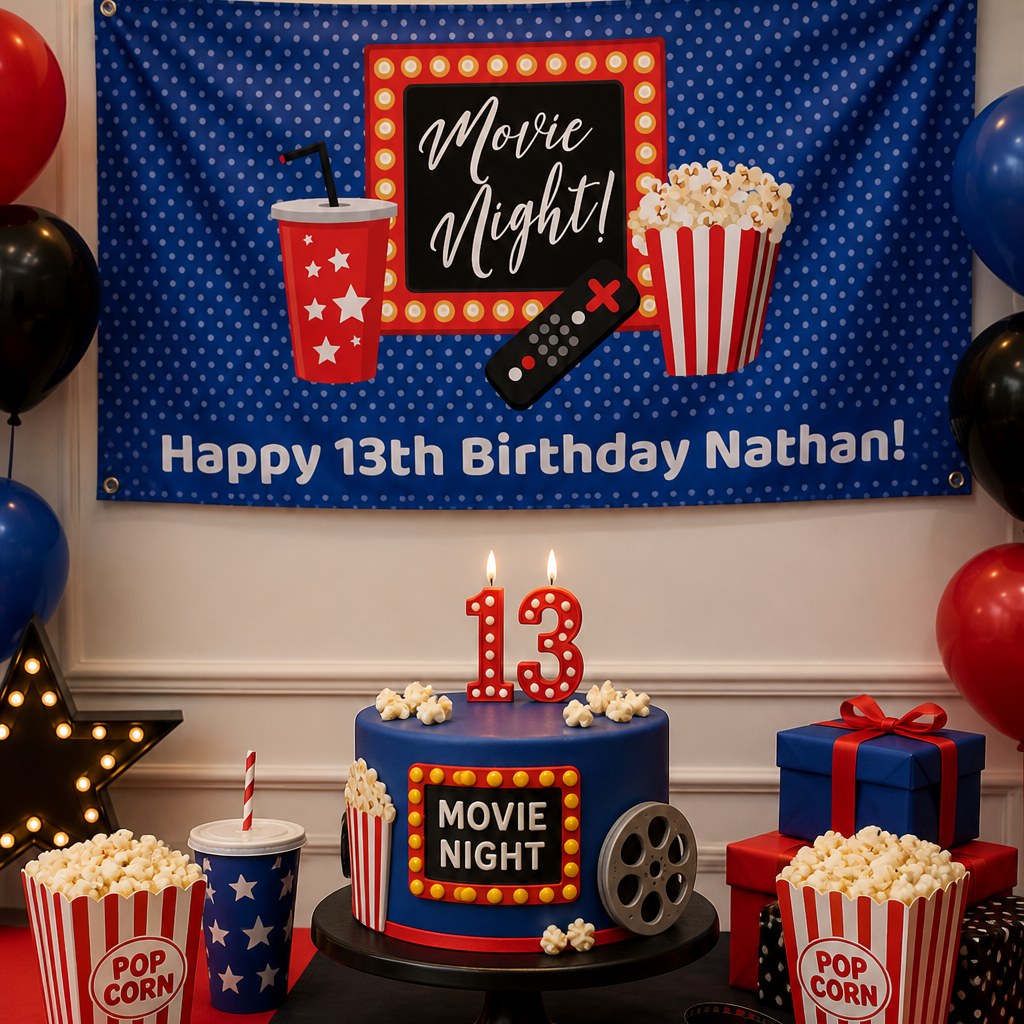 Blue movie night thirteenth birthday setup with Nathan's personalised cinema banner and matching cake