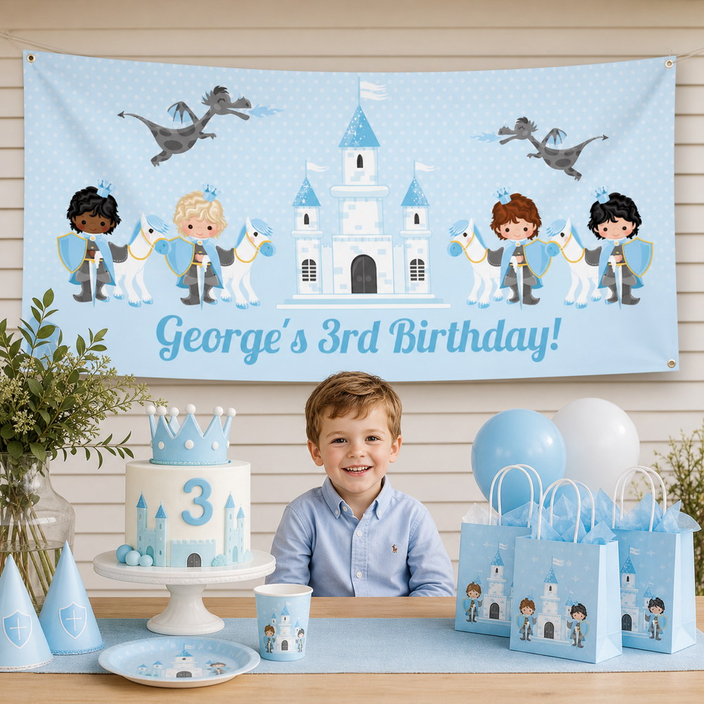Personalised Blue Prince 3rd birthday decorations with George's castle banner and matching cake